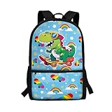 CLOHOMIN Mochila infantil para escola para meninas e meninos, bolsa de livros para crianças com bolsos laterais de malha, Dinossauro engraçado