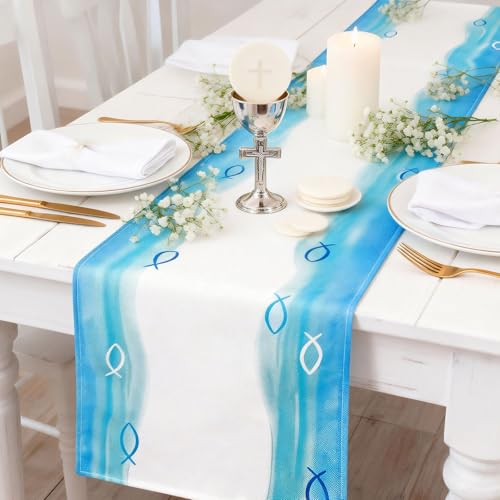 Kommunion Deko, 270x30cm Tischläufer mit christlichen Fischen Konfirmation Tischdeko Taufe Tischband für Junge Mädchen Leinenoptik Tischdecke Läufer Dekoration