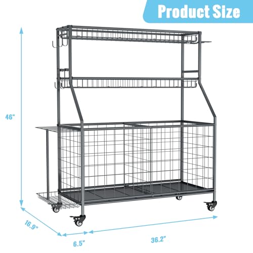 WUC Sports Equipment Garage Organizer - Garage Ball Storage Rack with Basket, Hooks and Rolling Cart for Sports Gear and Toy Storage, Grey by WUC - Image 2