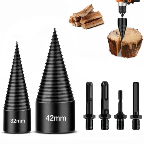 Wood Splitting Drill Bit 2 Pack 42mm+32mm+ 4 Drill Attachments (Black)