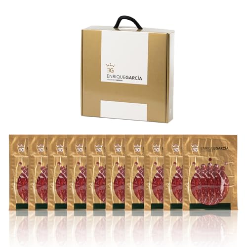 ENRIQUE GARCÍA - Jamón de Cebo de Campo Ibérico 75% Raza Ibérica, 10 Sobres Envasados al Vacío de 100 g Aprox. Acabado plástico. Caja regalo de cartón. Corte a máquina.