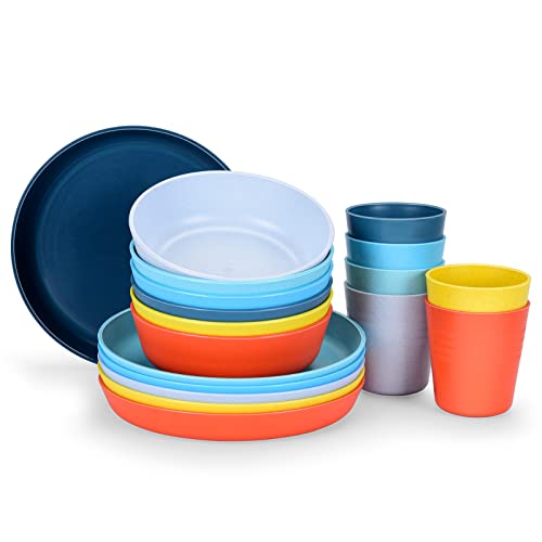 Kids Plates Bowls And Cups Sets Wheat Straw Small Bowl Sets Unbreakable Microwave Dishwasher Safe Dinnerware Sets For Rice,Soup ,Pasta，Corn Flake ，Snacks，Side Dishes[Set Of 18] #TOP21