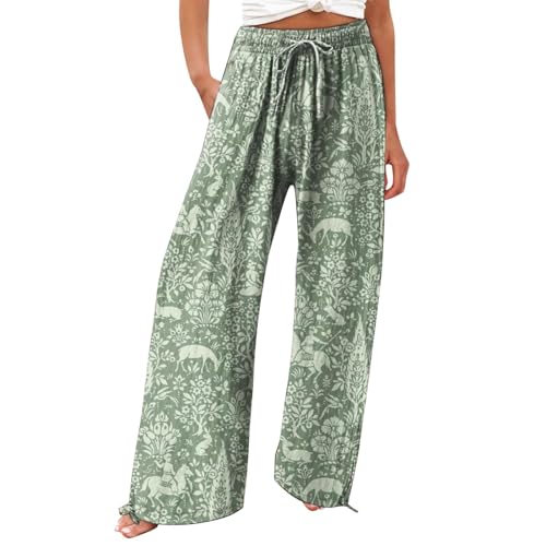 Today Clearance,Teacher Clothes for Women,Women Wide Leg Linen Pants High Waist Colorful Floral Floral Print Trousers Casual Boho Travel Vacation Outfits,C-Green,Large