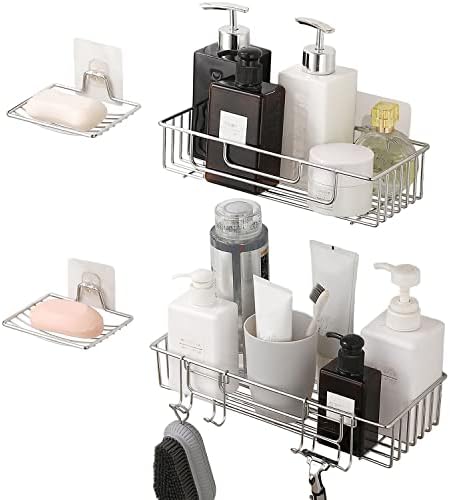 SwizioCo Bathroom Shower Caddy Organizer 2 Baskets with 2 Soap Dishes Hooks for Shampoo Conditioner, No Drilling Adhesive Wall Mount Storage Accessories, Rustproof SUS304 Stainless Steel Silver