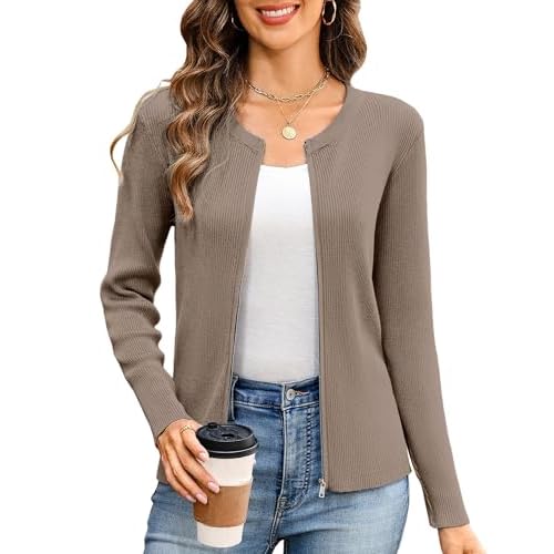 Totatuit Women's Long Sleeve Zip Up Sweater Lightweight Cardigan Crew Neck Tops Zipper Knitted Jacket Medium Khaki