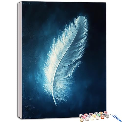 Image of Feather Paint by Numbers White Feather Painting by Numbers for Adults Beginner with Brushes and Acrylic Paint, DIY Crafts for Adults Oil Painting kits for Home Wall Decor Art, Gifts 32x44 in X-391
