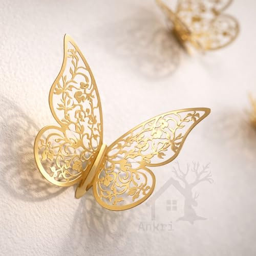 Image of 12PCS 3D Butterfly Wall Stickers for Home Decor with Adhesive Pads, Golden Mirror Effect DIY Wall Decoration for Bedroom Living Room Kids Room TV Background Wedding Birthday Party Decor