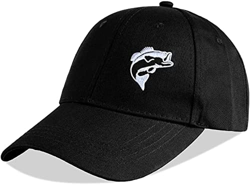 KUBILA Bass Fish Mens Hats - Fly Fishing Gifts for Men Women Curved Brim Adjustable Dad Hat Outdoor Embroidered Baseball Caps (Black White)