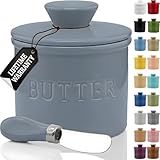 PriorityChef French Butter Crock with Lid, Get on Demand Spreadable Butter, Ceramic Butter Keeper to Leave on Counter with Water Line, Light Grey
