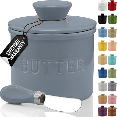 Priority Chef Butter Crock with Lid for Countertop with Spreader Knife and Water Line, Soft Spreadable Butter, Ceramic French Butter Dish with Lid, Light Grey
