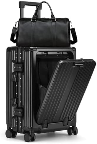 PICCASIO 20” Carry-On Luggage with Spinner Wheels, Lock, USB Charging Port, Cup Holder – Lightweight Hardside Travel Trolley Suitcase with Leather Bag – Airline Approved LUGGAGE BAG