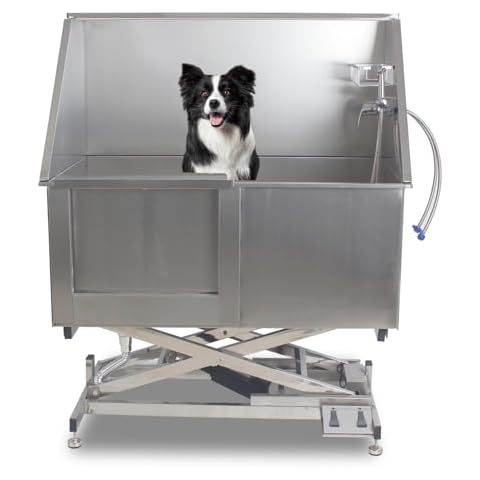 OutdoorVibe 50" Upgraded Pet Dog Bathing Station, with Electric Height Adjustment, Stainless Steel Dog Grooming Tub w/Soap Box, Faucet, Bathtub for Multiple Pets, Washing Sink for Home(Left) Cover
