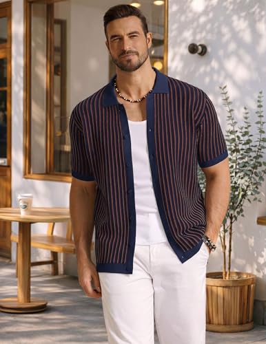 Image of COOFANDY Mens Knit Button Down Shirts Short Sleeve Polo Shirt Vintage Striped Casual Shirts