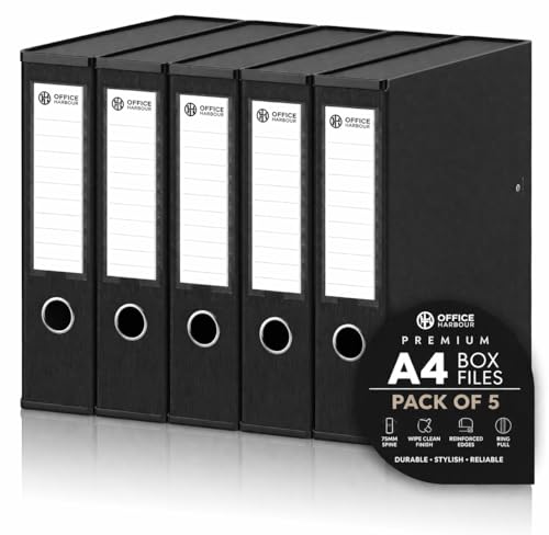 A4 Box Files Pack of 5 Premium 75mm Document Storage Boxes Matt Black Textured Finish Reinforced Edges Wipe Clean Durable Cardboard Filing Folders with Ring Pull
