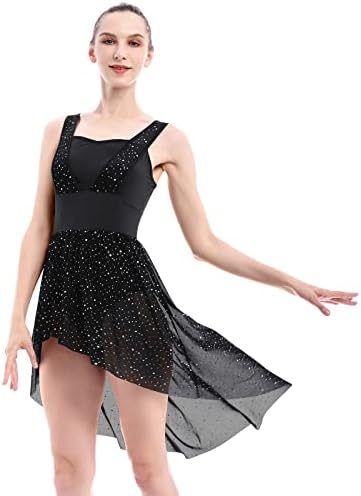 ODASDO Lyrical Dance Costumes for Women Adult Morden Contemporary Ballroom Dancewear Rhinestones Mesh Tulle Flowy Short Leotard Unitard Dress Asymmetrical Ice Skating Ballet Clothes Black XL