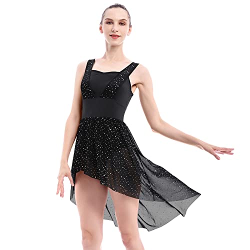 Odasdo Lyrical Dance Costumes For Women Adult Morden Contemporary Ballroom Dancewear Rhinestones Mesh Tulle Flowy Short Leotard Unitard Dress Asymmetrical Ice Skating Ballet Clothes Black Xl #TOP24