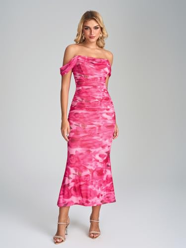 Image of KUTUMAI Off The Shoulder Maxi Long Dress Corset Ruched Bodycon Cocktail Formal Wedding Guest Dresses for Women