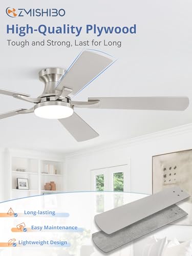 Image of ZMISHIBO 52 Inch Ceiling Fan with Light, App&Remote Control, Flush Mount Low Profile, Dimmable 20W LED Light, Quiet Reversible Motor for Bedroom, Living Room, Apartment, Nickel
