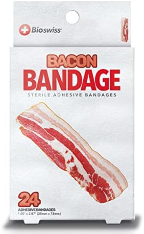 BioSwiss Kids Bandages | 24pcs Self-Adhesive Sterile Unique Shaped Bandages Colorful Funny Cute Toddler Girls & Boys, Adults First Aid, Protect Scrapes and Cuts | Wellness for Everyone (Bacon)
