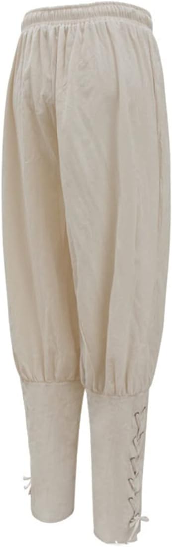 Men's Renaissance Pirate Pants Medieval Linen Trousers with Lace Up Ankle CuffsElastic Waist Loose Fit Costume Pants