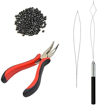 Hair Extensions Pliers Kit with I-tip Hair Pliers Pulling Needle Loop Threader and 200 Pcs 3.0mm Silicone Lined Nano Rings Micro Links Beads (Black)