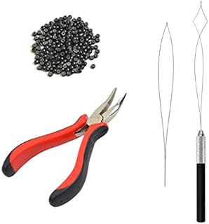Hair Extensions Pliers Kit with I-tip Hair Pliers Pulling Needle Loop Threader and 200 Pcs 3.0mm Silicone Lined Nano Rings Micro Links Beads (Black)