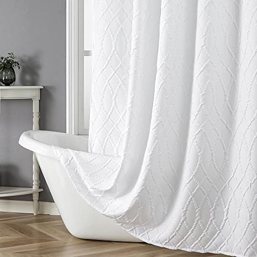 Simplebrand Windham Fabric Shower Curtain, 3D Geometric Embossed Textured Shower Curtains For Bathroom, Solid Color Bath Stall White Shower Curtain, Soft Elegance Bathroom Decor, 48Wx72H Inch, White #TOP16
