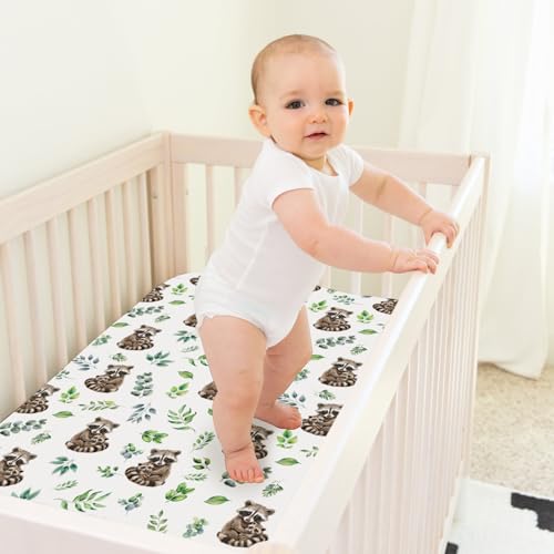 Image of Cute Raccoon Green Leaves Baby Crib Sheets for Girl Boy 52 inchx28 inch Mother Baby Raccoon Soft Breathable Crib Mattress Cover Animals Boho Retro Leaves Bed Sheets Fits Standard Crib and Toddler Mattress