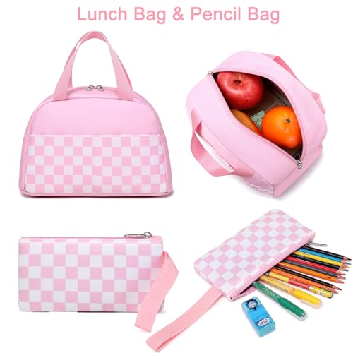 Sugaroom Pink Checkered Backpack with lunch box for Girls with Lunch Box Lightweight School Backpack Kids Bookbags Preschool Primary Elementary Students School Bags Set (Checkered Pink) - Image 6