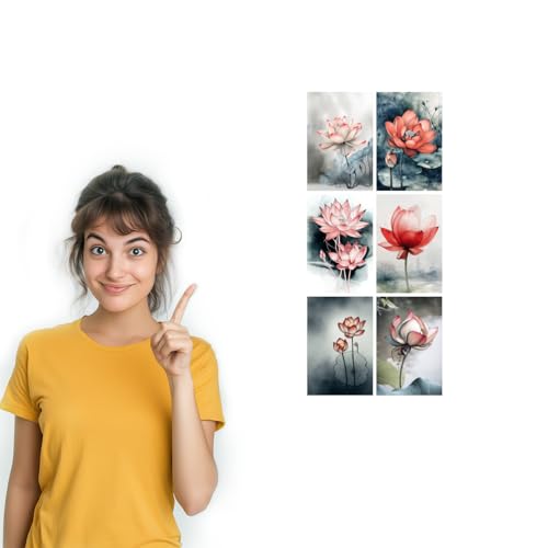 Image of SiddArtify Lotus Flower Wall Art Prints Set - Watercolor Floral Poster Decor for Living Room Bedroom Office - Set of 2-4x6 Inch - Board (Pack of 6) - Sticker (Pack of 6)
