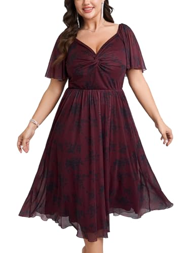 Image of Womens Plus Size Wedding Guest Dress V Neck Short Sleeve Floral Boho Tulle Dress A Line Cocktail Formal Dresses