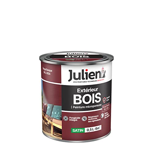 Julien Peinture Bois Microporeux Extérieur Satin - Portes, fenêtres, portails, mobilier de jardin - Rouge Basque 0,5 L