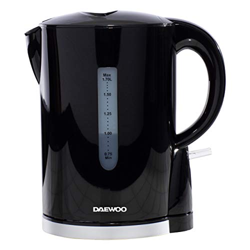 Daewoo 1.7L Electric Kettle – Fast Boil, Lightweight Plastic, 2200W Power, Auto Shut Off, Boil Dry Protection, Black Jug Kettle for Home, Office, Dorm