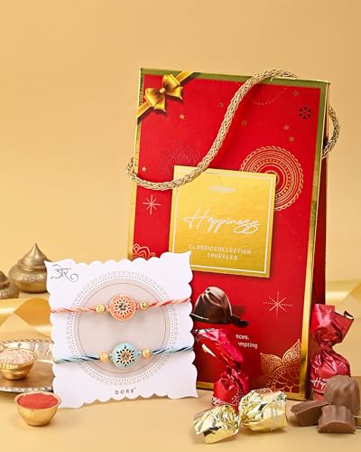 Image of Hyperfoods Rakhi Set for Brother Wobniar Happiness Chocolates Gift Pack 180 Gram Horizon Hues Set of 2 with Roli & Rice Rakhi with Chocolates