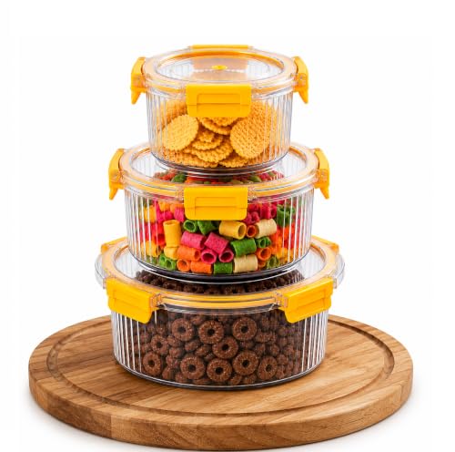 Image of Plastic Air Tight Container Set for Kitchen Storage | Clear Round Food Containers with Airtight Lock Lids | Fridge Storage Containers for Fruits, Vegetables & Herbs (400ml, 800ml, 1600ml)