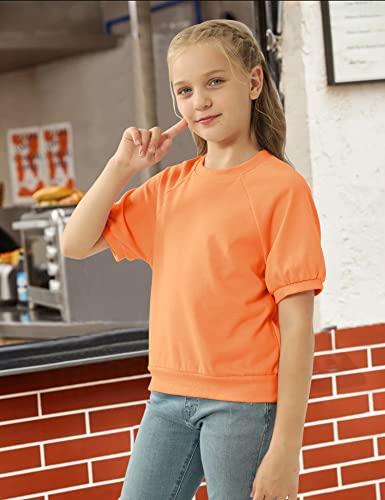 Image of Girls' Puff Short Sleeve Solid Color Basic Tee Shirt Orange
