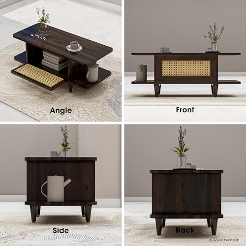 Image of SIDHI Solid Sheesham Wood Coffee Table & Center Table with Rattan Cane Lift-Down Shutter & Both Side Open Shelves for Living Room (Walnut Finish)