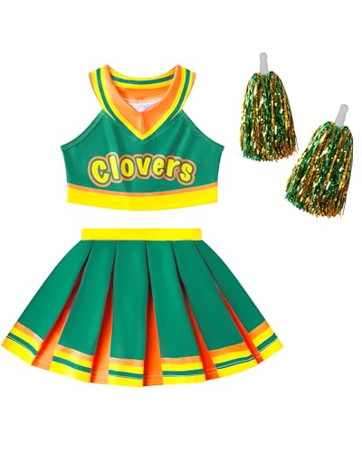 Girls Bring It On Cheerleader Costume Clovers Cheerleading Dress Kids Green Halloween Cosplay Cheer Uniform