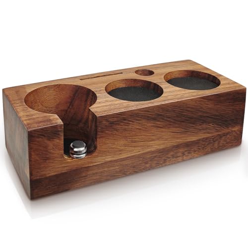 HOLIHOKY Espresso Tamping Station for 58mm Portafilter, Coffee Tamper Holder in Natural Walnut Wood, Includes Puck Screen and Distributor