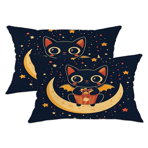 Juego de 2 fundas de almohada de Halloween, diseño de gato con alas de murciélago y luna, fundas de cojín decorativas para el hogar, sofá, cama, sofá, decoración de 20 x 12 pulgadas