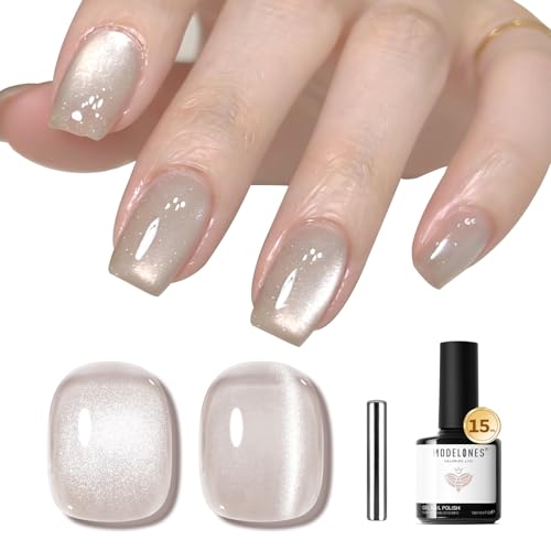 Image of modelones Silk Cat Eye Gel Nail Polish Nude Silver Moonlight Glitter Holographic Glass Cat Eye Summer Jelly Shimmer Reflective Translucent U v Gel Magnetic Nail Polish 15 ML