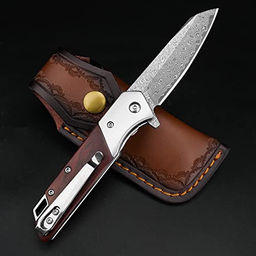 Komwero Damascus Pocket Knife With Clip Leather Sheath, 3.14 Inch Sharp Damascus Steel Knife With Rosewood Handle, Edc Damascus Folding Knife For Men Women Camping Collection #TOP1