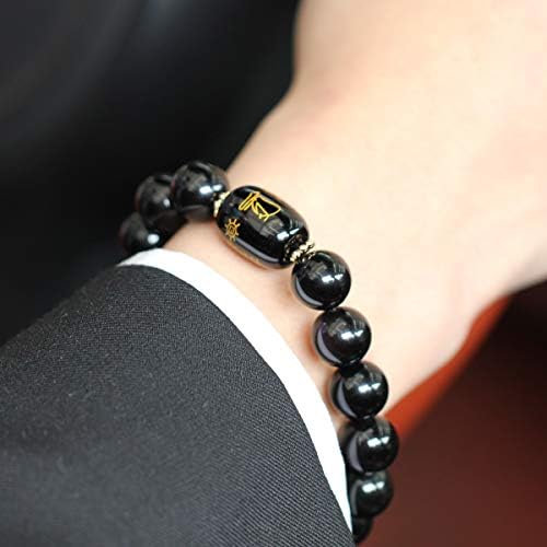 Jewboo Feng Shui Black Obsidian Bracelet with yellow tiger-eye 12mm bead Healing Crystal Wealth and Good Luck Bangle Unisex 7 Inch