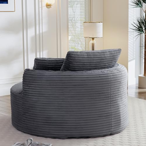 Image of Antetek 53.5-inch Round Chair, Modern Accent Corduroy Comfy Deep Seat Boneless Foam Floor Single Circle Chaise Sofa Chair with 3 Pillows for Living Room Bedroom Office, No Assembly Required, Grey
