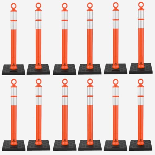 RoadHero 42 Inch Delineator Post with Base, Portable Orange Traffic Delineator Posts Cones with Reflective Collars for Parking Lots, Road Safety, Construction Events (12 Pack)