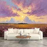Murali da parete di dimensioni personalizzate, paesaggio naturale, fiori di cardo viola, tramonto cielo, tessuto autoadesivo (senza PVC), carta da parati rimovibile per soggiorno, camera da letto