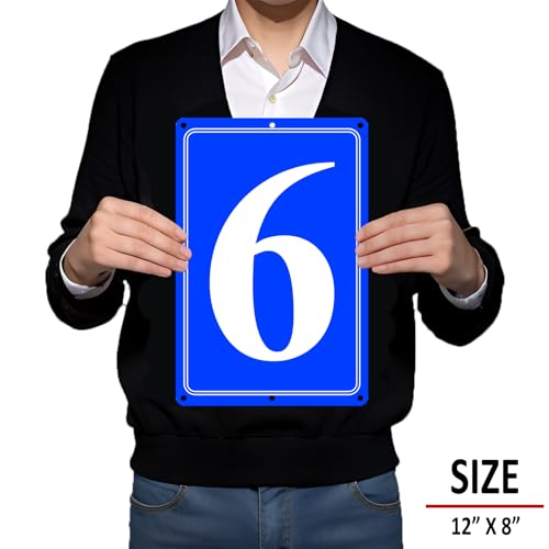 Image of Premium Aluminum Number Signs 6, Metal 12 inch X 8 inch Blue Numbered Signs Outdoor for Parking Lots, Floor, Dock, Court, Aisle, Field, High Visibility, No Fade, Weather-resistant