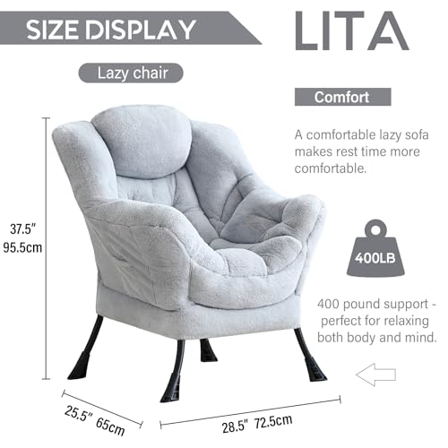Image of LITA Lazy Chair with Armrests and Side Pocket, Modern Upholstered Accent Reading Chair for Living Room, Bedroom, Dorm, Small Spaces, Single Plush Grey
