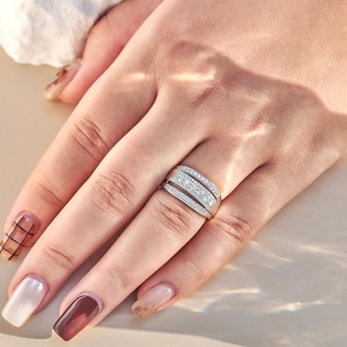 Newshe Jewellery 3-Row Wedding Bands for Women AAAAA Cz Wide Band Rings 925 Sterling Silver Eternity Statement Ring Size 5-104