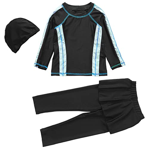 RNTOP Girls Swimsuit 3PCS Rash Guard Bathing Suit Top+Pant+Cap UPF 50+ Sun Protective Long Sleeve (Black, 3-4 Years)